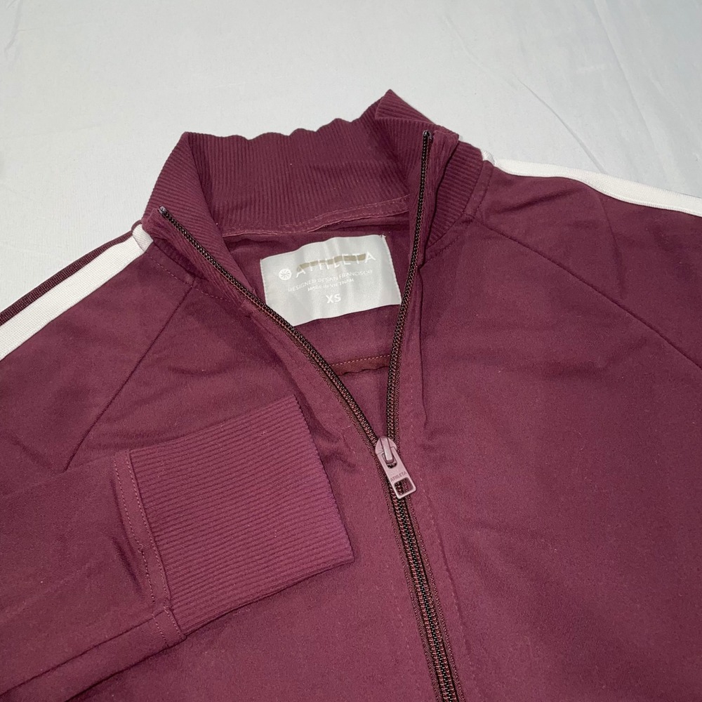 Athleta Womens XS Burgundy Track Jacket White Stripe Full‎ Zip Mock Neck